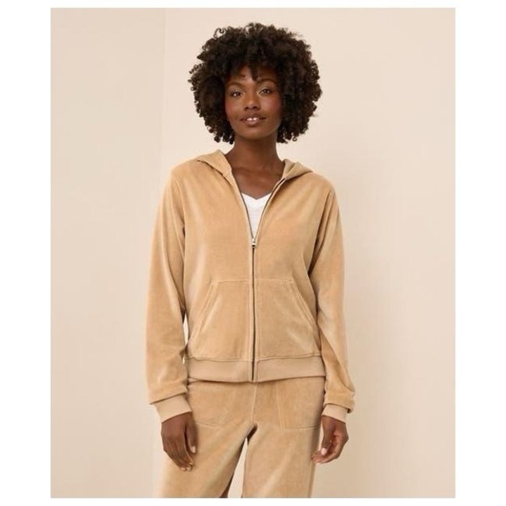 Pact Women's Natural Organic Cotton Pure Velour Zip Hoodie Sz S Beige Minimalist
